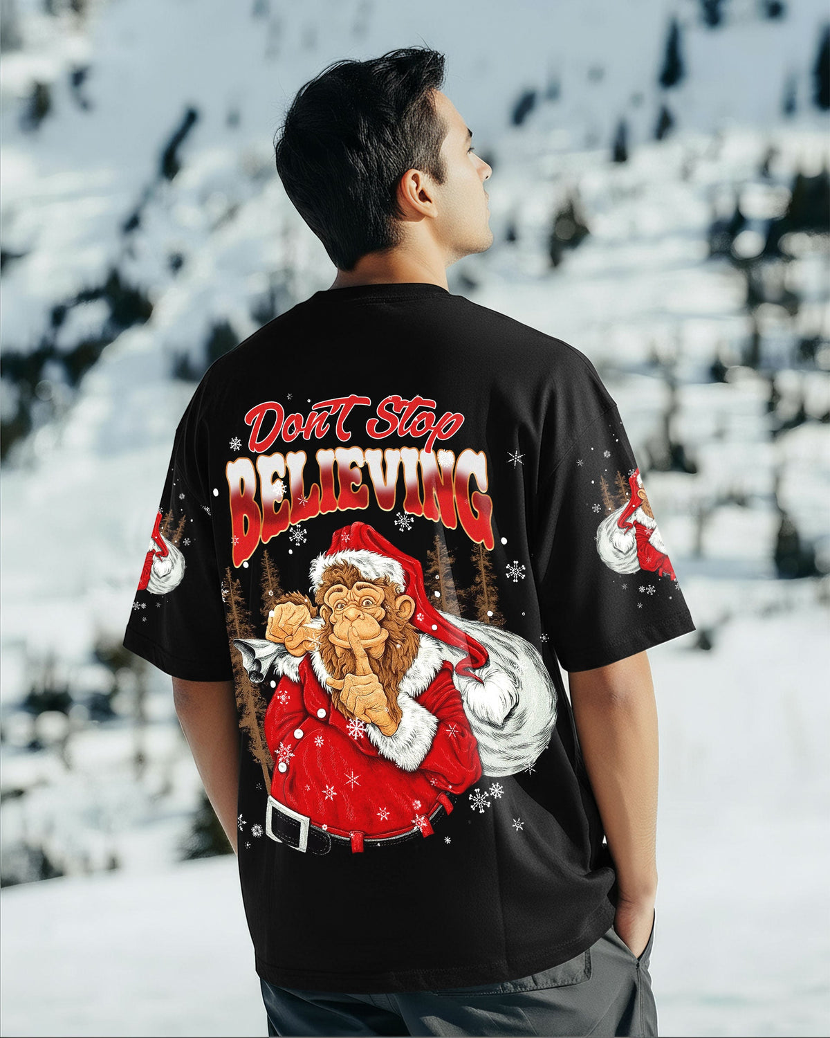 BLISSCORNERS DON'T STOP BELIEVING BIGFOOT CHRISTMAS ALL OVER PRINT
