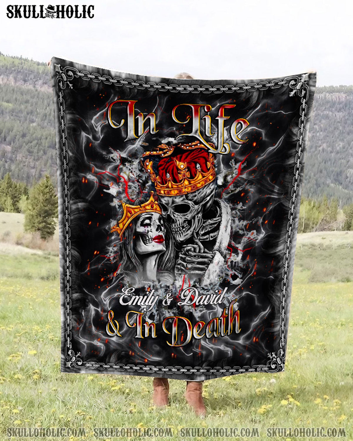 BLISSCORNERS PERSONALIZED IN LIFE AND IN DEATH COUPLE SKULL FLEECE BLANKET