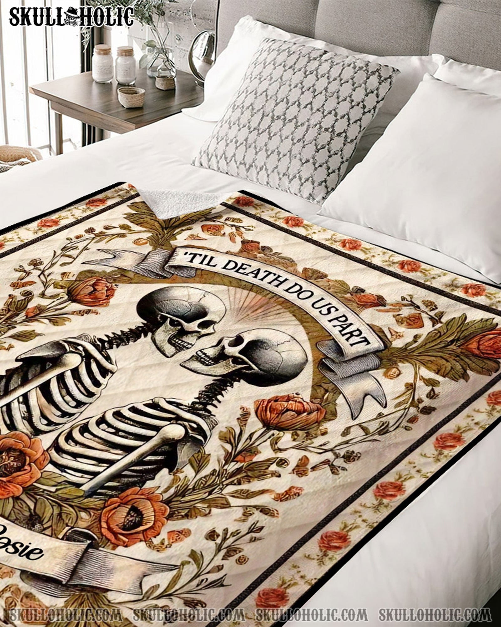 BLISSCORNERS PERSONALIZED TILL DEATH DO US PART SKULL COUPLE FLEECE BLANKET