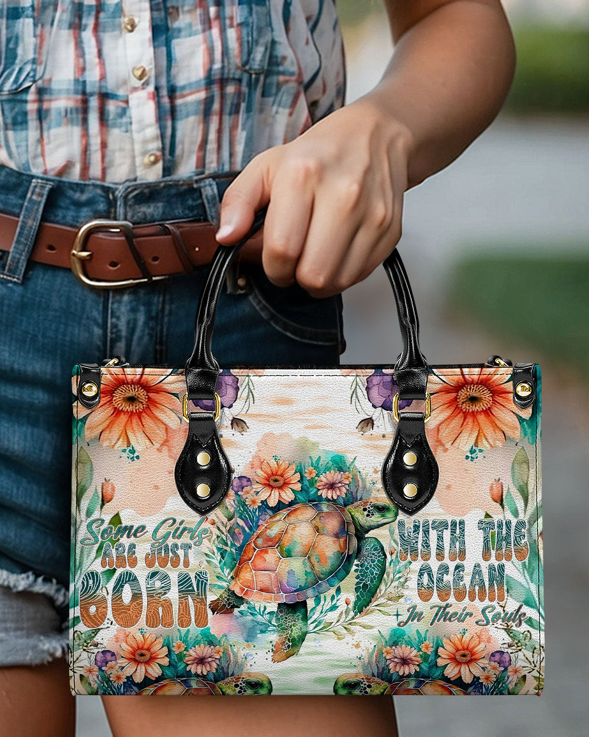 BLISSCORNERS SOME GIRLS ARE JUST BORN TURLTE WATERCOLOR LEATHER HANDBAG