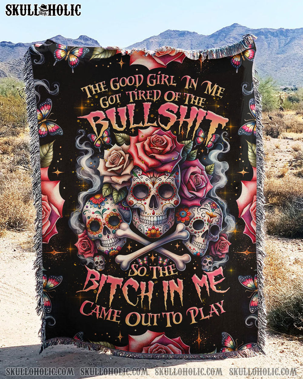 BLISSCORNERS THE GOOD GIRL IN ME BONES SUGAR SKULL WOVEN AND FLEECE BLANKET