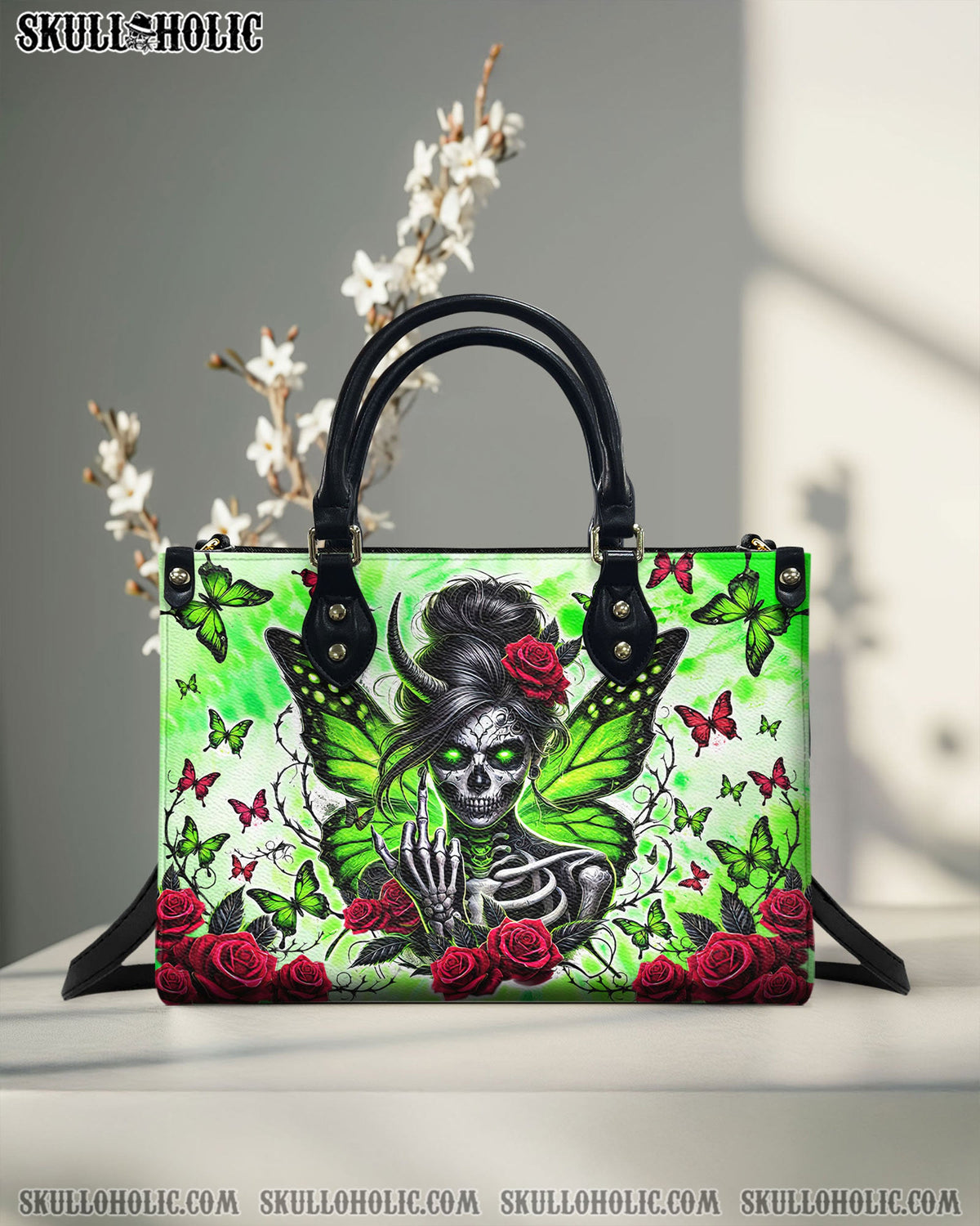 BLISSCORNERS PERSONALIZED SKULL MESSY BUN WITH BUTTERFLY LEATHER HANDBAG