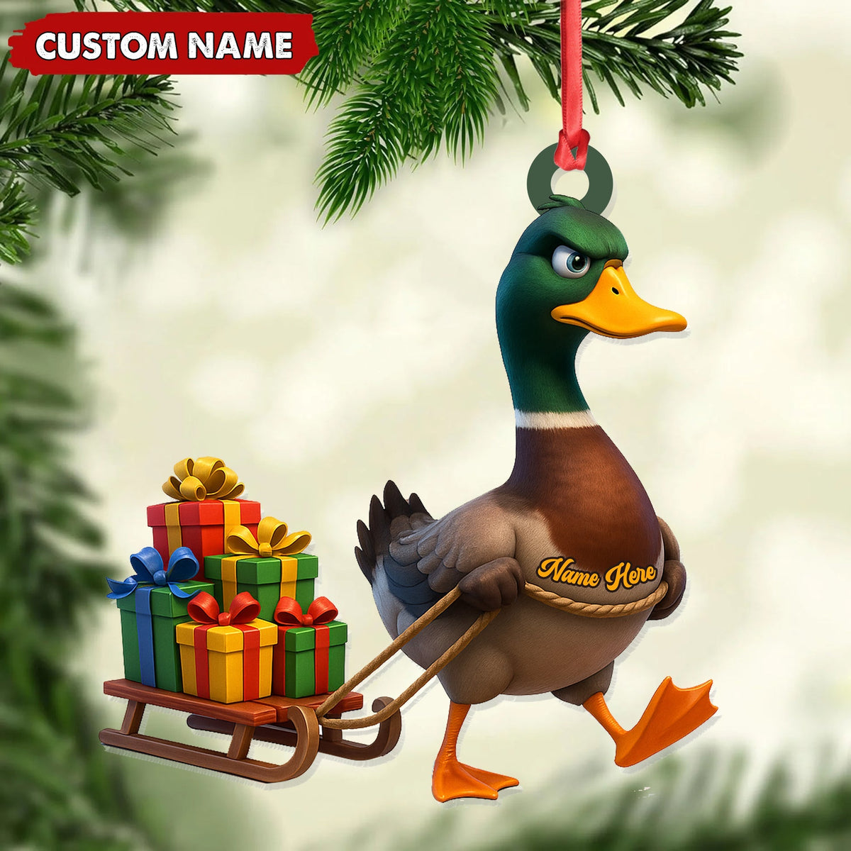Blisscorners Funny Duck Acrylic Christmas Ornament - Mallard Pulling Gifts, Unique Christmas Gift for Hunters