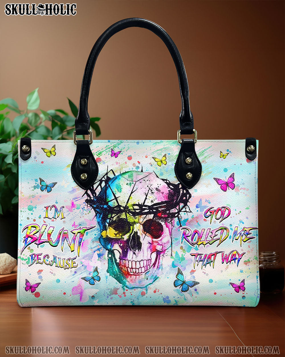 BLISSCORNERS I'M BLUNT BECAUSE GOD ROLLED ME LEATHER HANDBAG