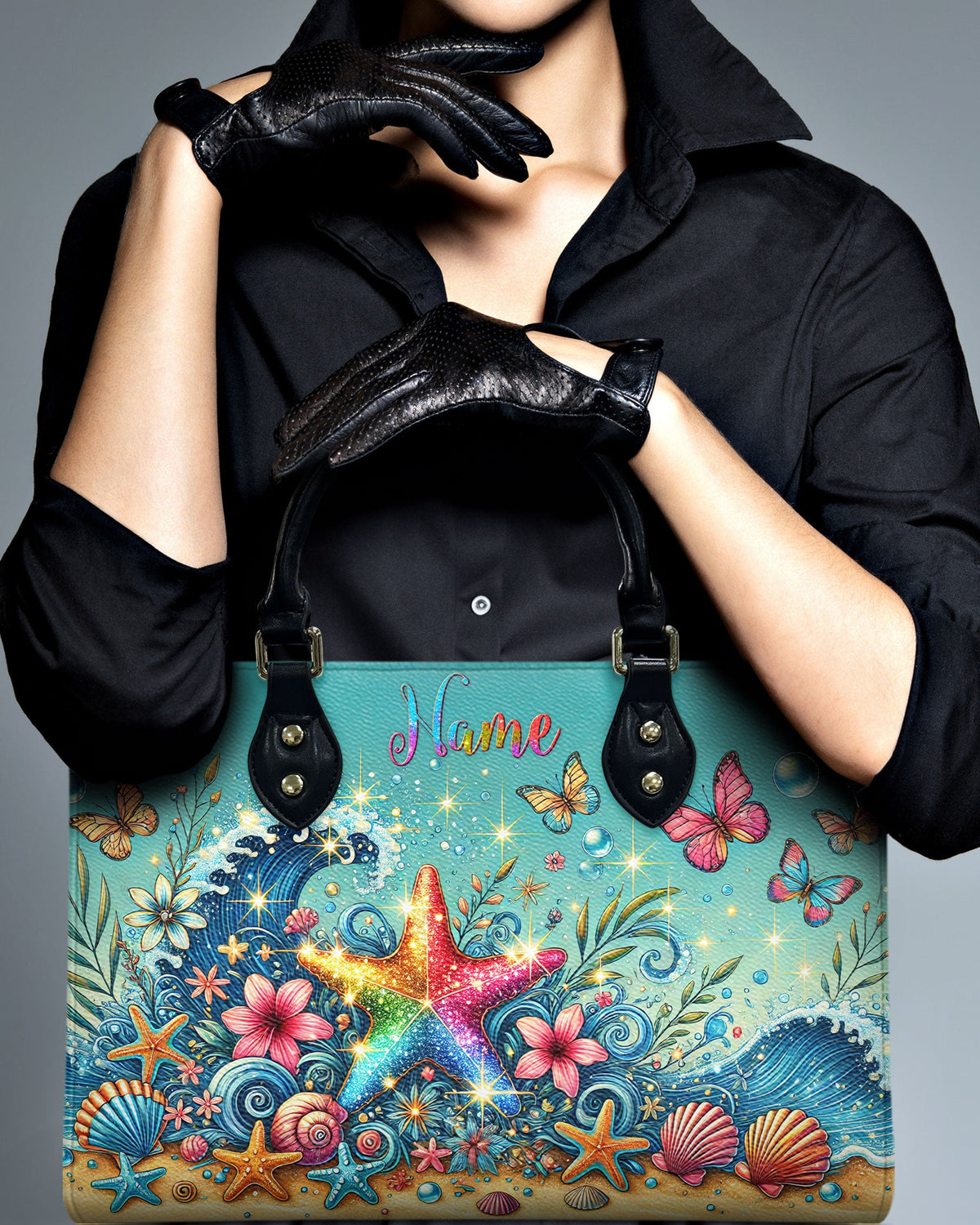BLISSCORNERS STARFISH FLORAL WAVES LEATHER HANDBAG