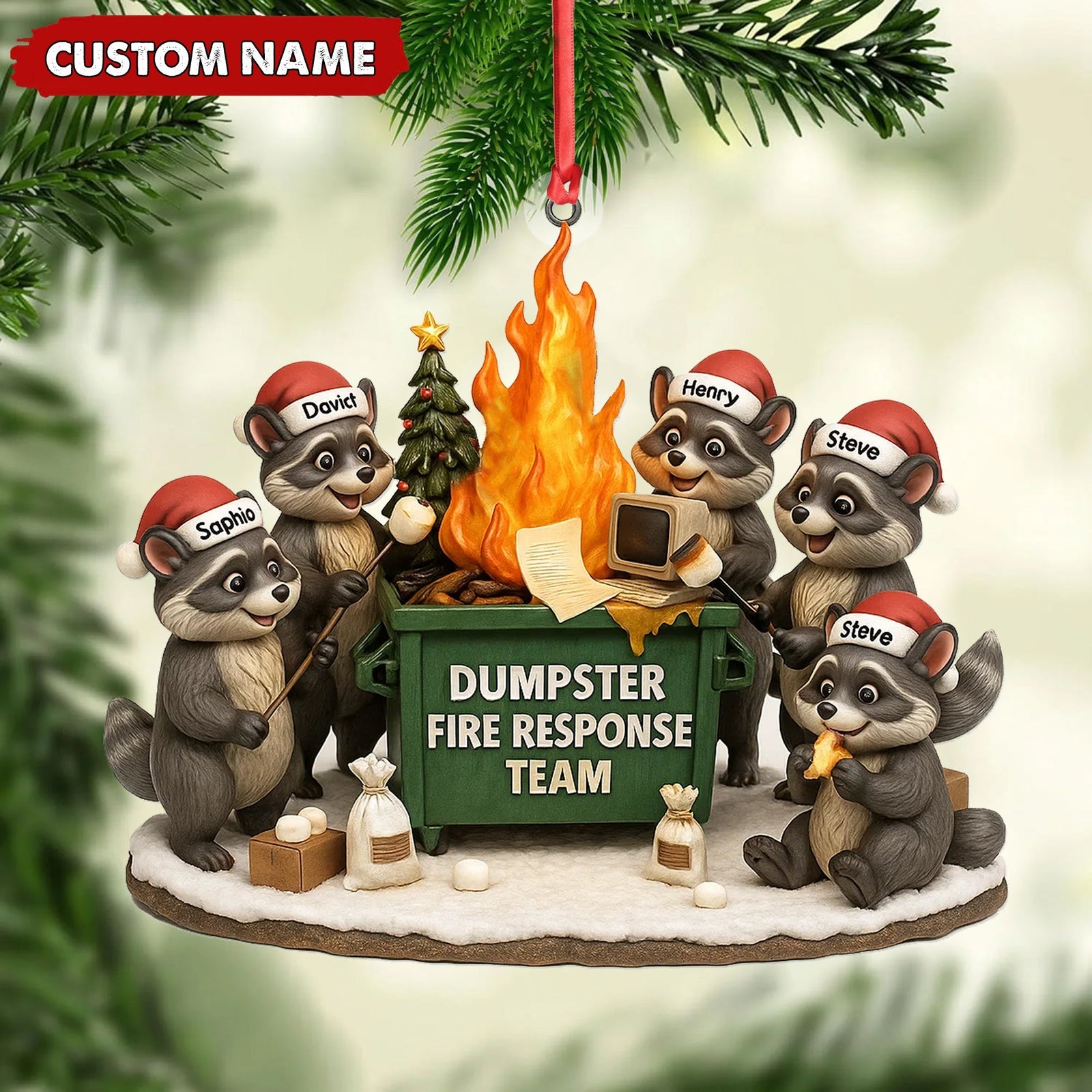 Blisscorners Personalized Dumpster Fire Response Team Christmas Ornament, Custom Name Raccoon Office Crew Gift, Funny Workplace Dumpster Fire Holiday Decor MT2411