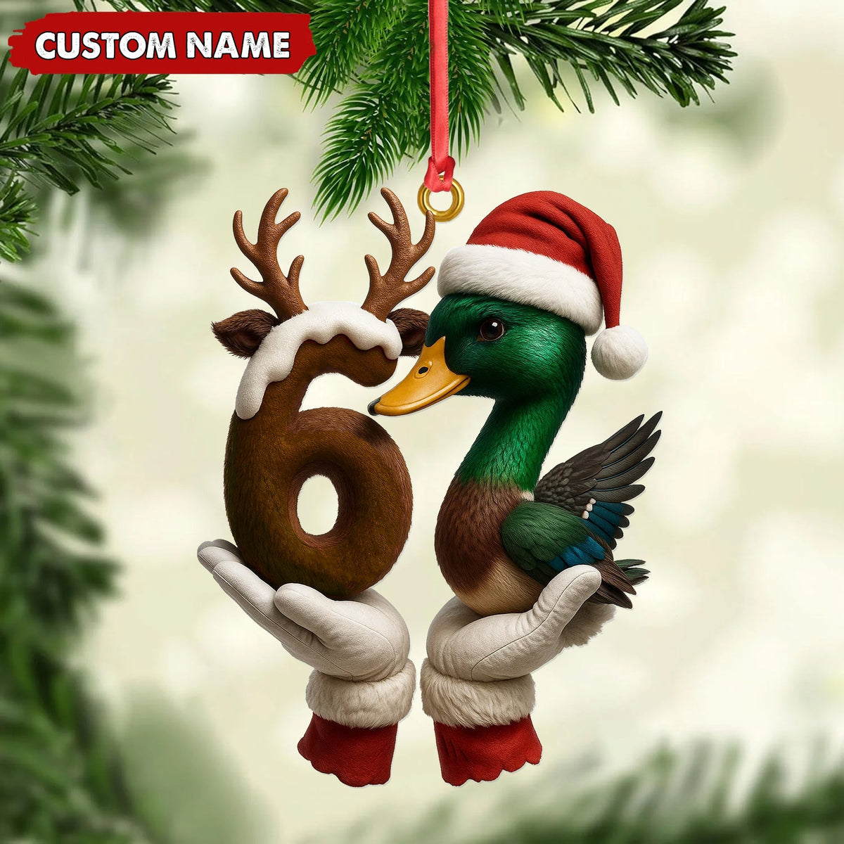 Blisscorners Personalized Trend 67 Duck Christmas Ornament, Custom Name Six Seven Reindeer 6 and Duck Design, Funny Meme Holiday Tree Decoration
