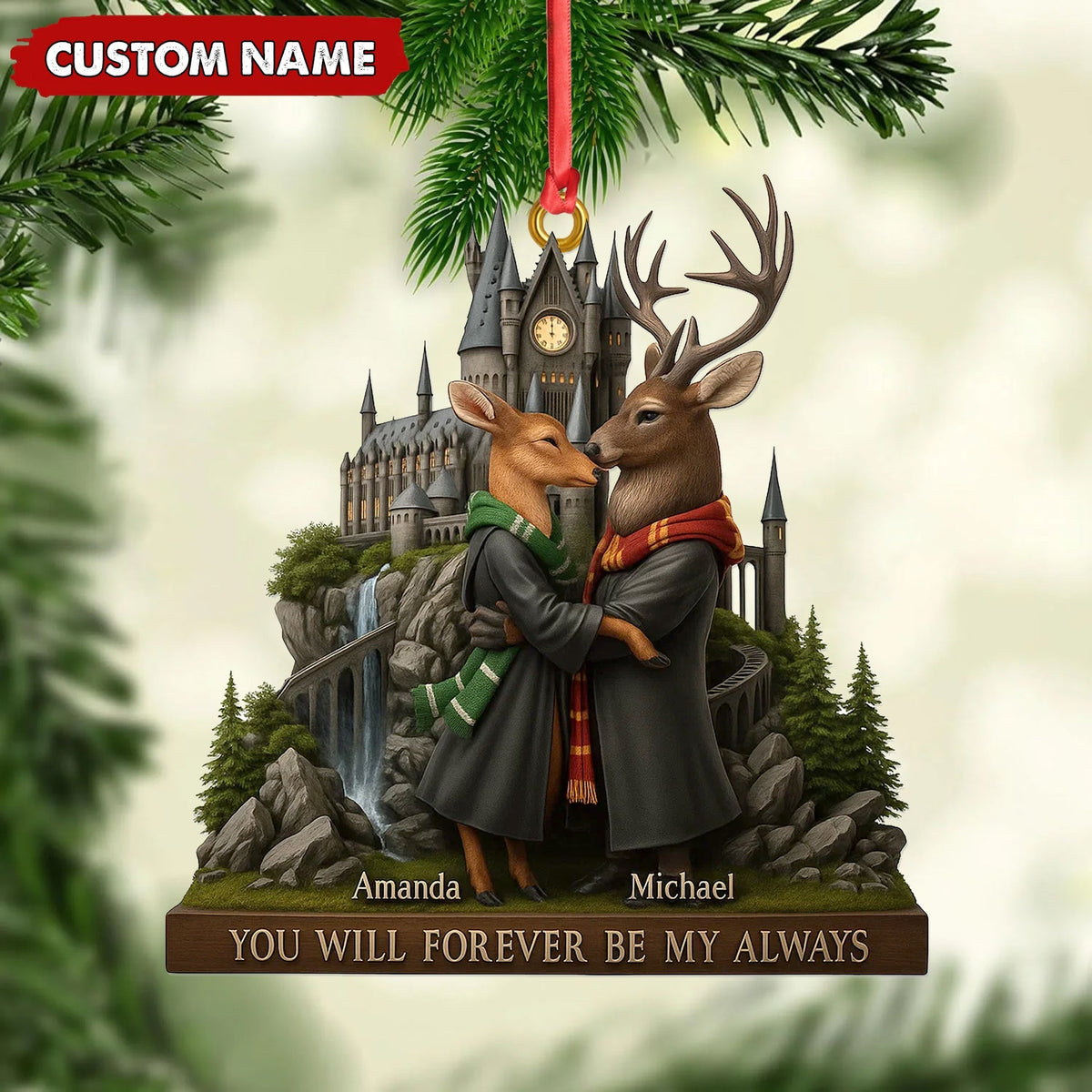 Blisscorners Personalized Wizard Castle Deer Couple Ornament, Custom Name Fantasy Lovers Christmas Gift, Magic School Romance Tree Decoration