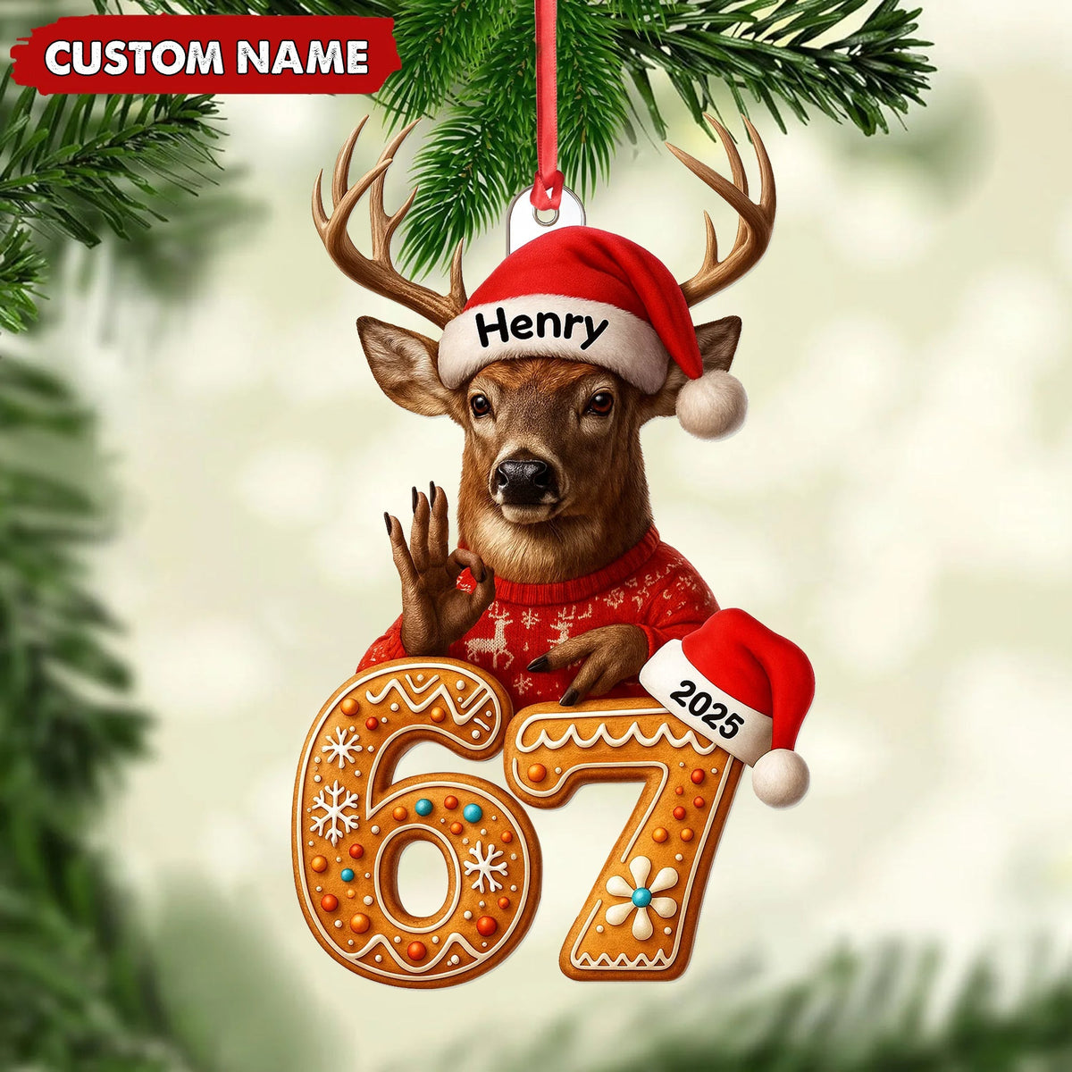 Blisscorners Personalized Deer Christmas Ornament, 67 Gingerbread Number Decoration 2025, Funny Buck Birthday Holiday Tree Gift