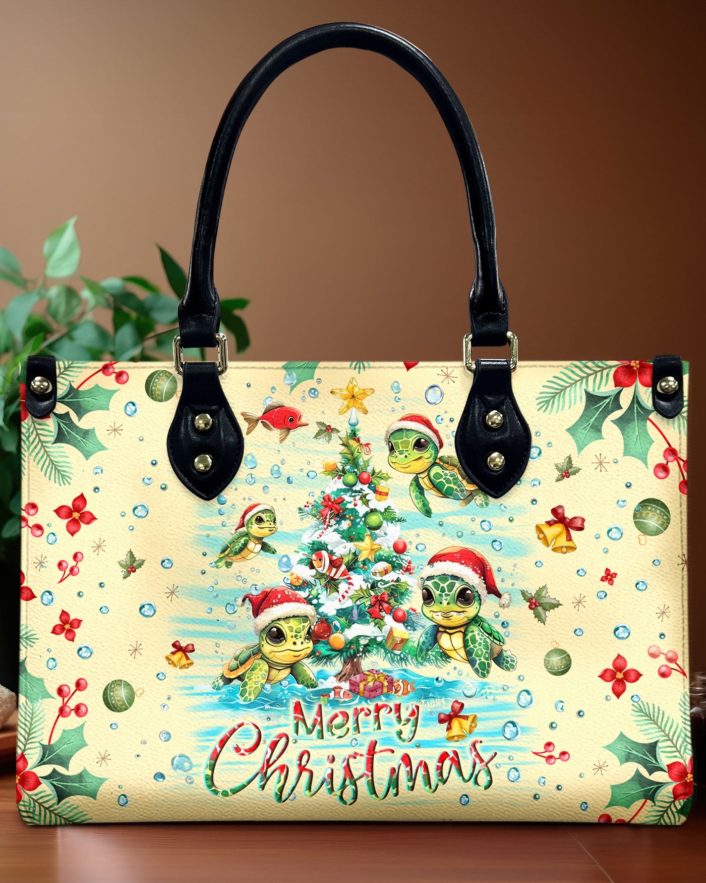 BLISSCORNERS MERRY CHRISTMAS TURTLE LEATHER HANDBAG