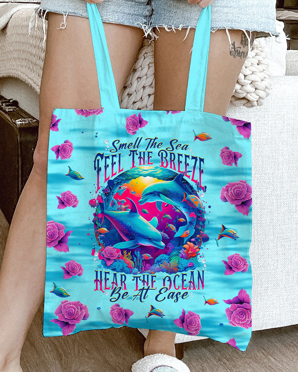 BLISSCORNERS SMELL THE SEA FEEL THE BREEZE DOLPHIN TOTE BAG