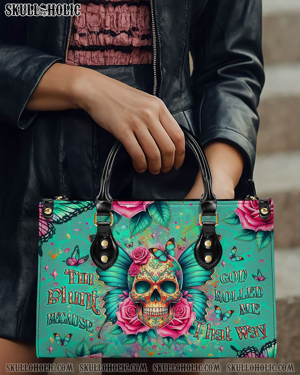 BLISSCORNERS I'M BLUNT BECAUSE GOD ROLLED ME LEATHER HANDBAG