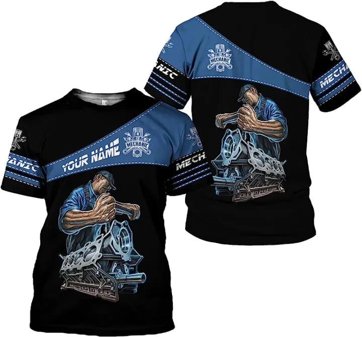 Blisscorners Personalized Mechanic T-shirt - Unique Engine & Car Repair Design, Perfect Gift for Car Lovers & Mechanics