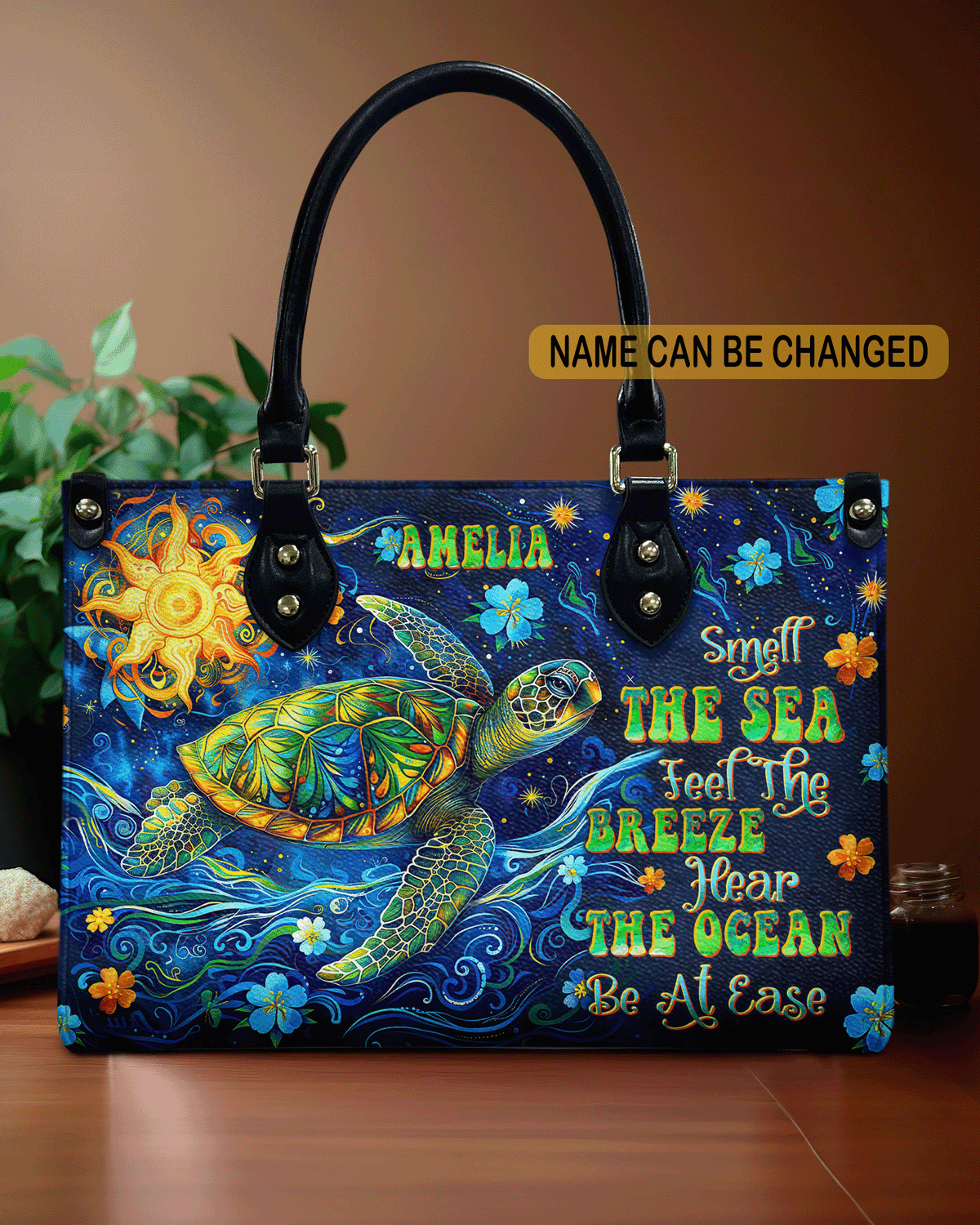 BLISSCORNERS SMELL THE SEA FEEL THE BREEZE TURTLE  LEATHER HANDBAG