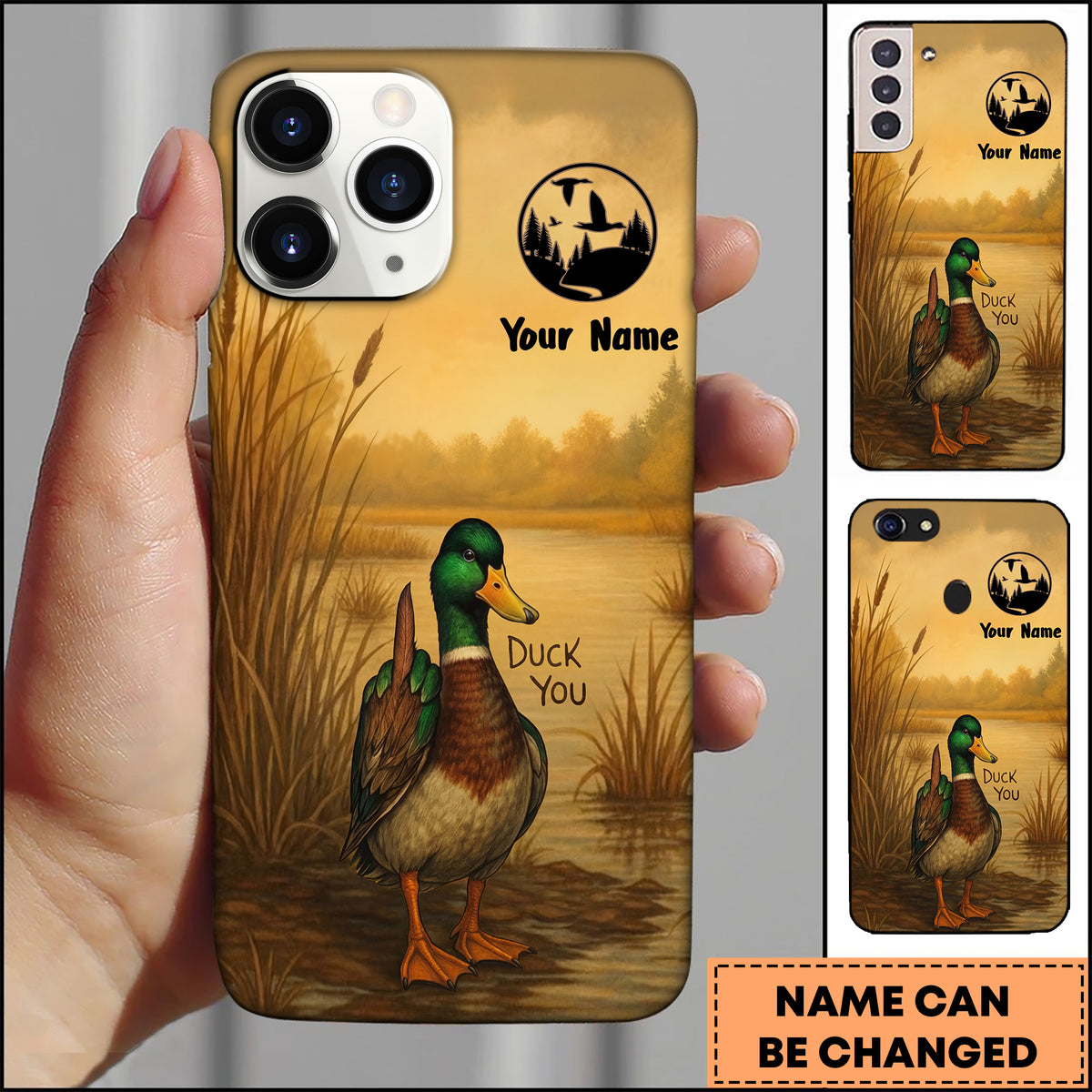 Blisscorners Artist Hunting Duck You Mallard Lake Sunset Circle Logo Personalized Name Phone Case