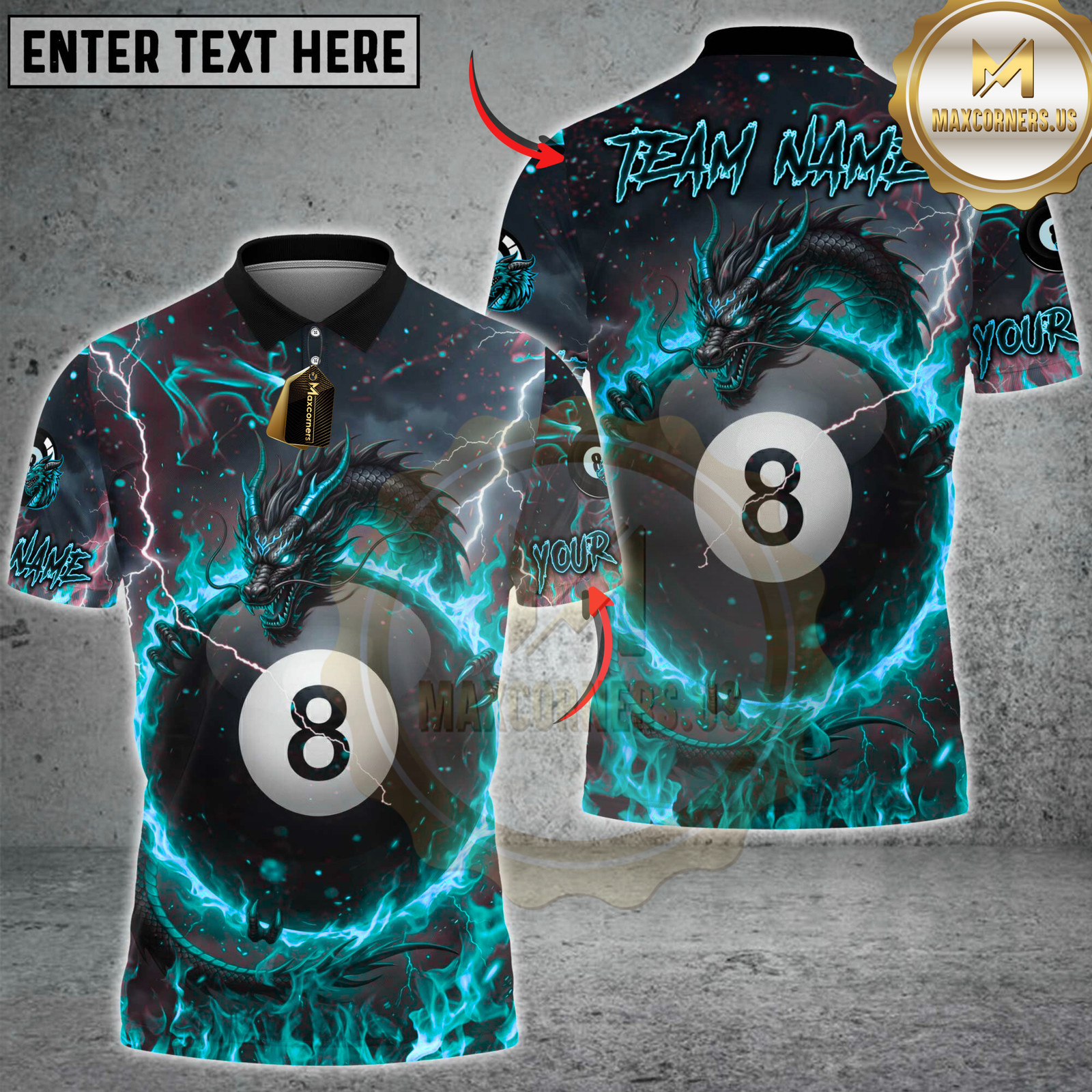 Blisscorners Billiards Flame Dragon & 8-Ball Multicolor Customized Name, Team Name 3D Shirt