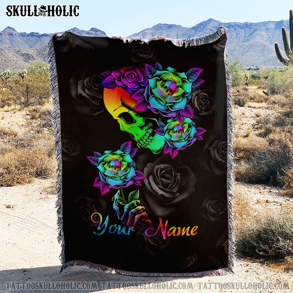 BLISSCORNERS PERSONALIZED COLORFUL SKULL ROSE WOVEN & FLEECE BLANKET