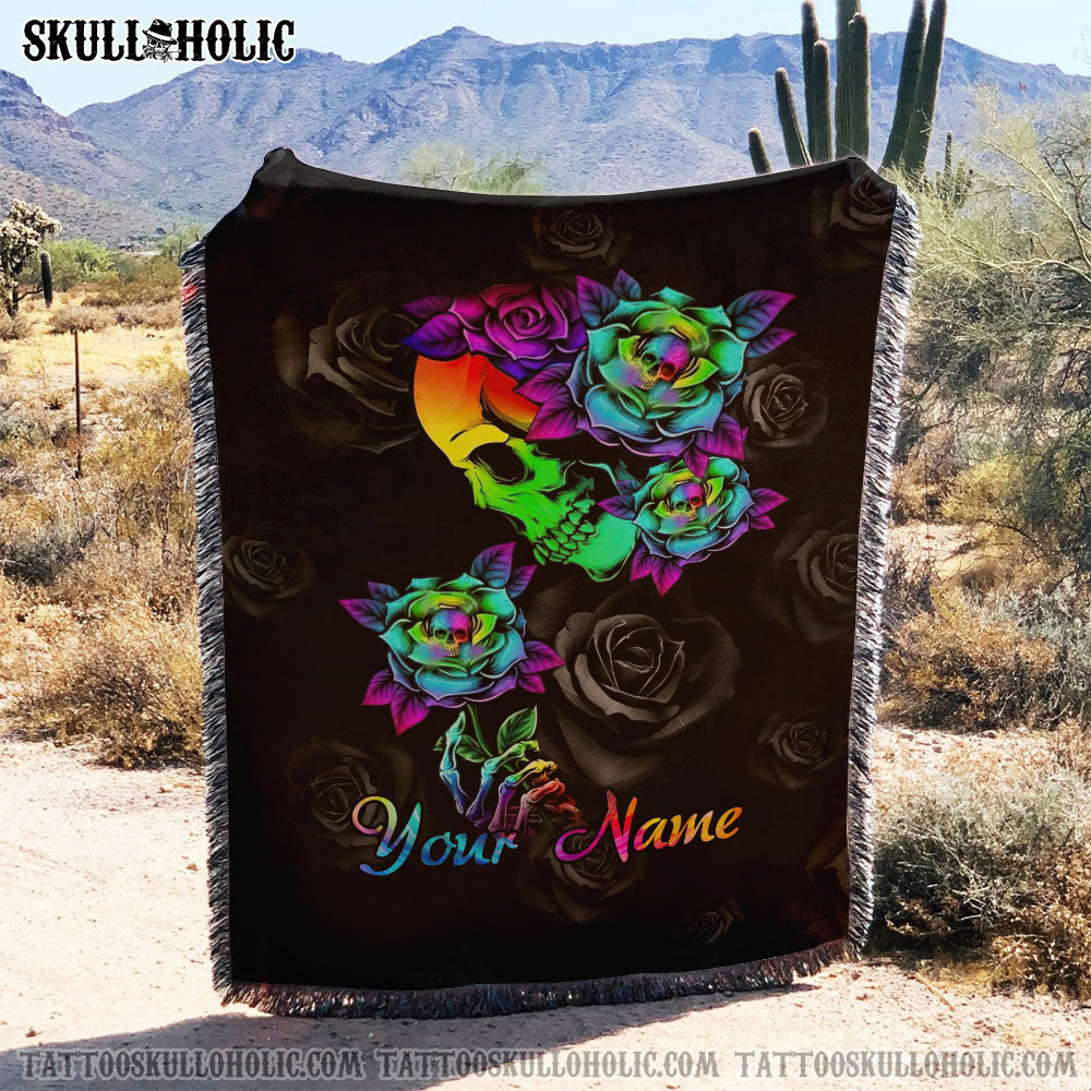 BLISSCORNERS PERSONALIZED COLORFUL SKULL ROSE WOVEN & FLEECE BLANKET