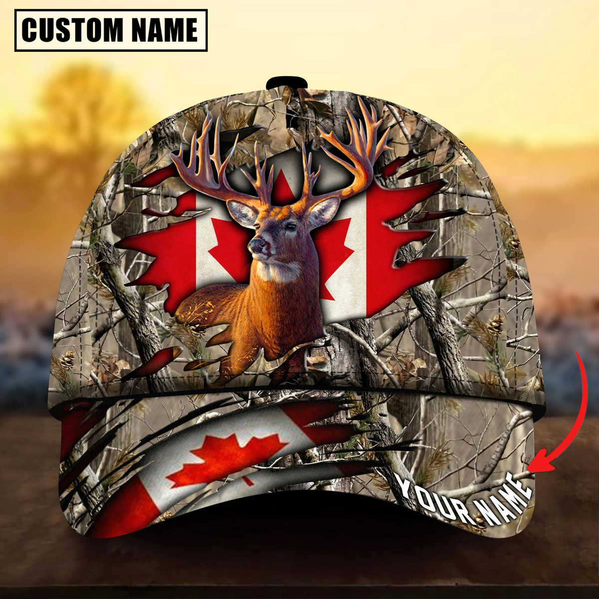 Blisscorners Deer Hunting Canadian Flag Camouflage Pattern Multicolor Personalized Name 3D Cap