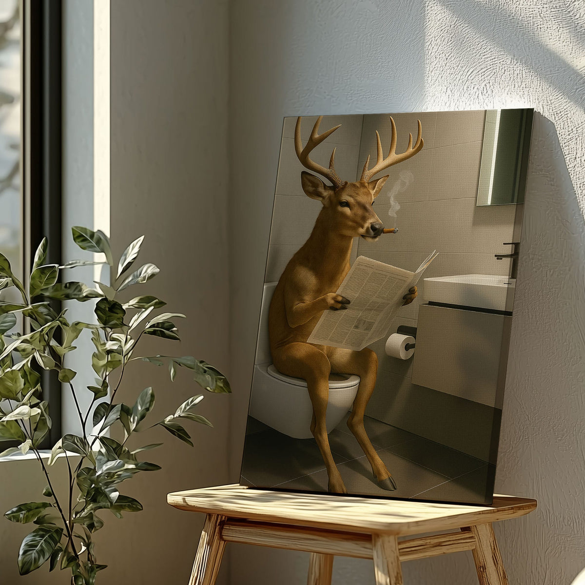Blisscorners Deer on the Throne – Hilarious Cabin Bathroom Canvas Art LM2611