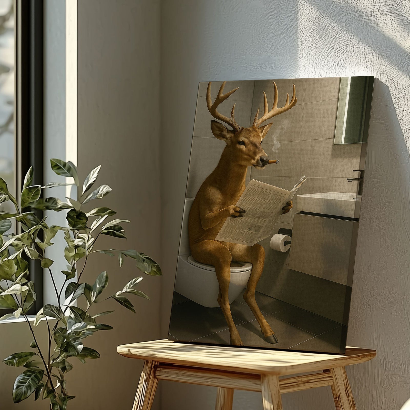 Blisscorners Deer on the Throne – Hilarious Cabin Bathroom Canvas Art LM2611