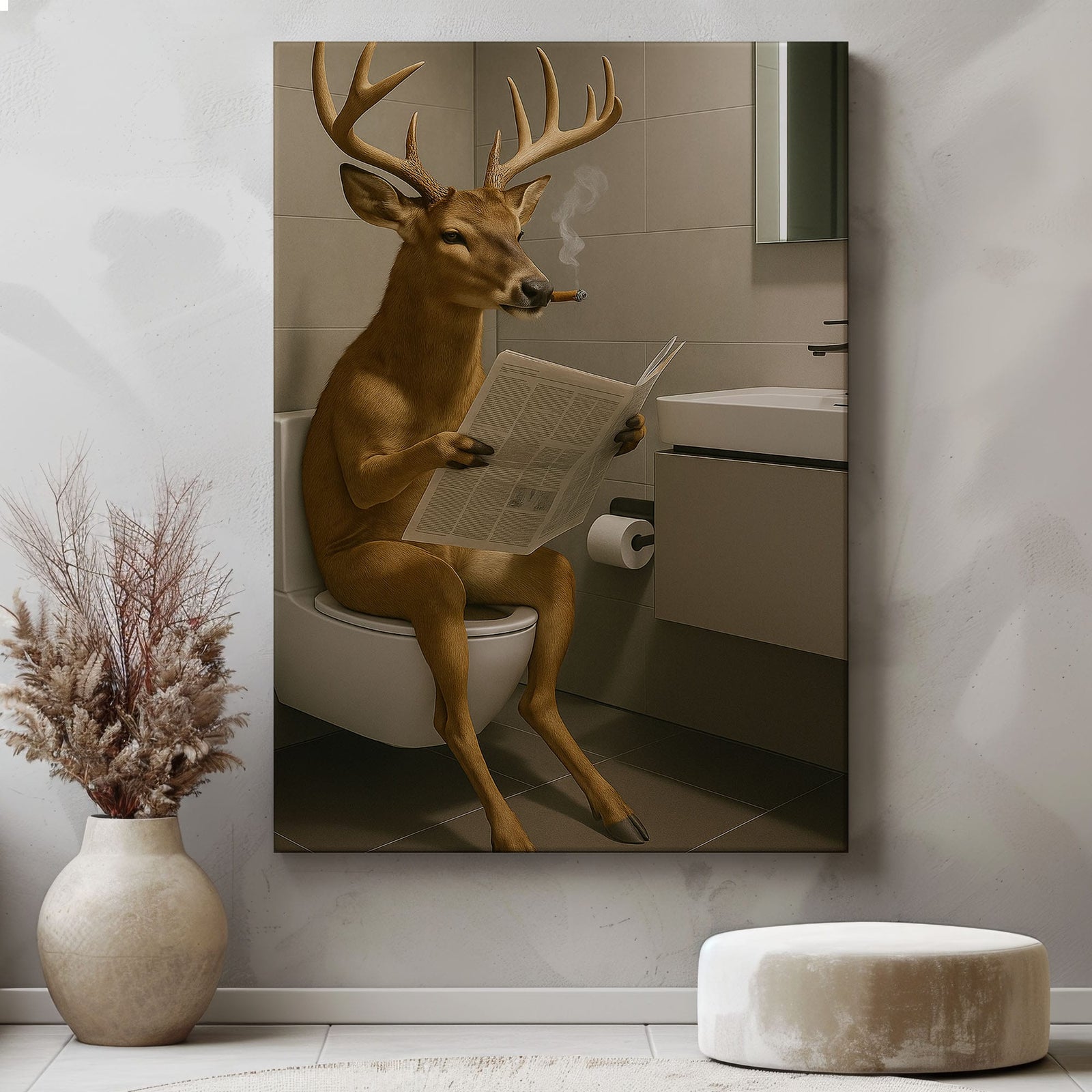Blisscorners Deer on the Throne – Hilarious Cabin Bathroom Canvas Art LM2611