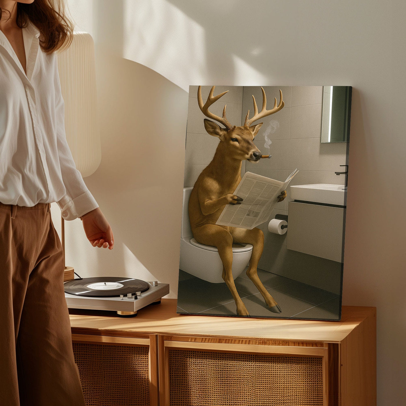 Blisscorners Deer on the Throne – Hilarious Cabin Bathroom Canvas Art LM2611