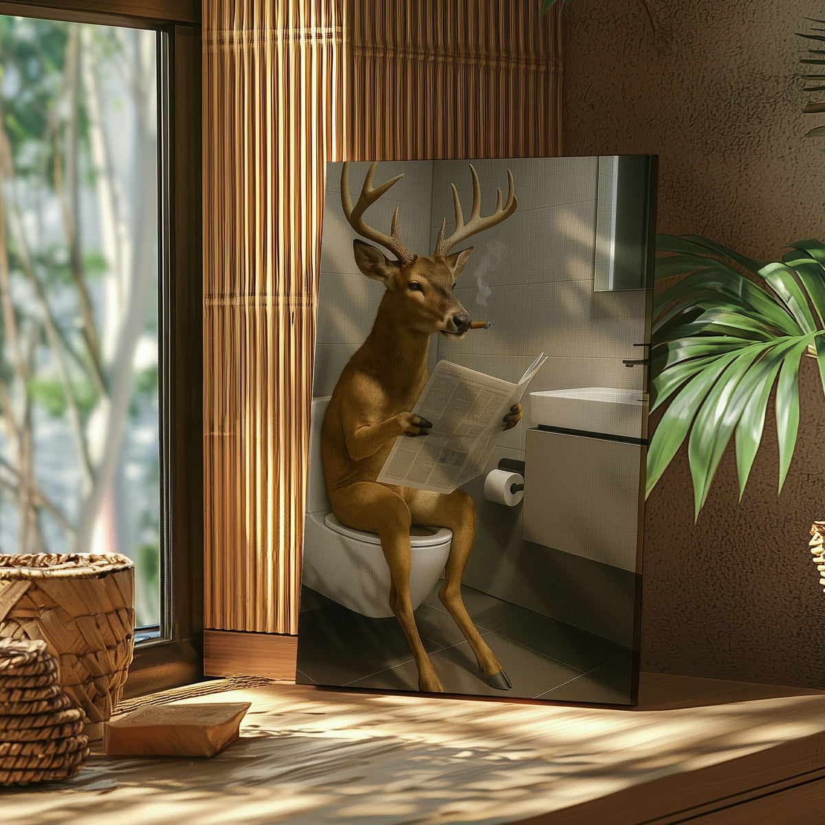 Blisscorners Deer on the Throne – Hilarious Cabin Bathroom Canvas Art LM2611