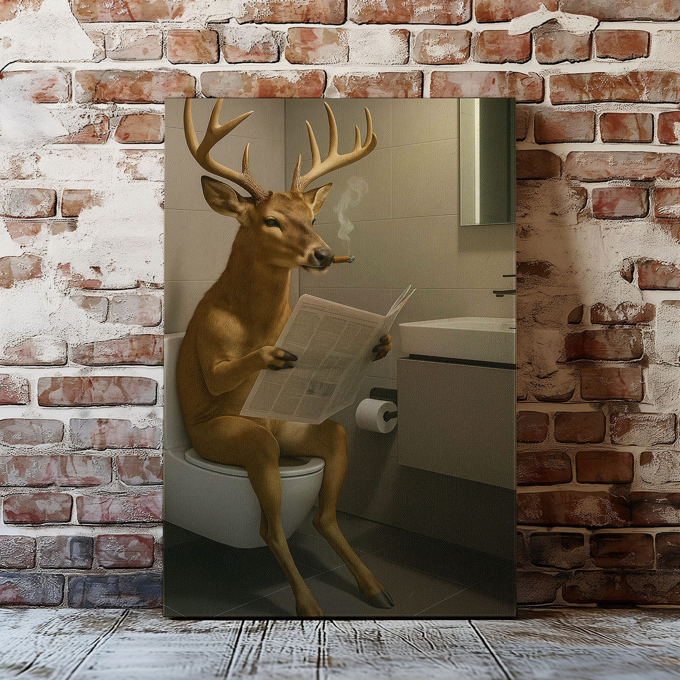 Blisscorners Deer on the Throne – Hilarious Cabin Bathroom Canvas Art LM2611