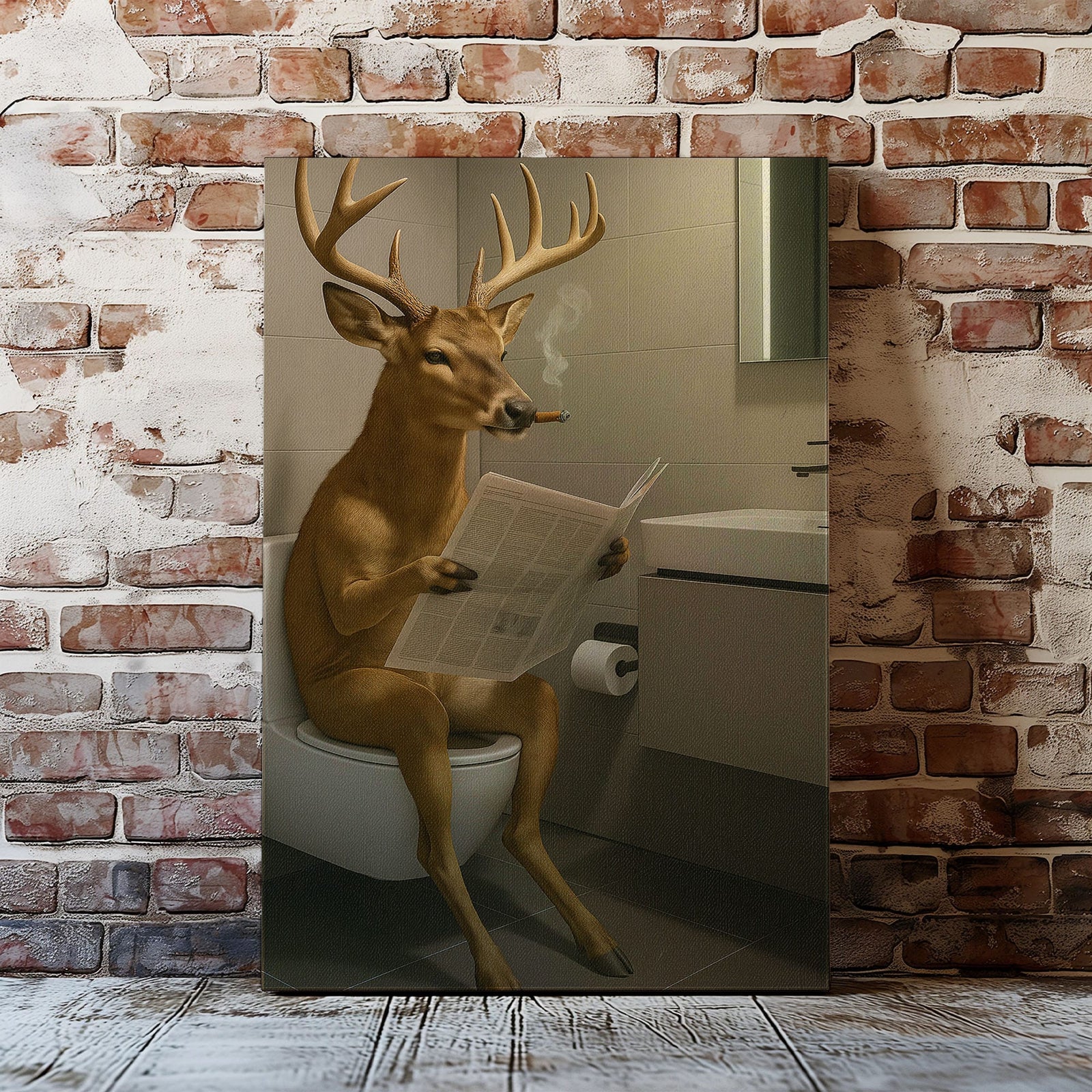 Blisscorners Deer on the Throne – Hilarious Cabin Bathroom Canvas Art LM2611