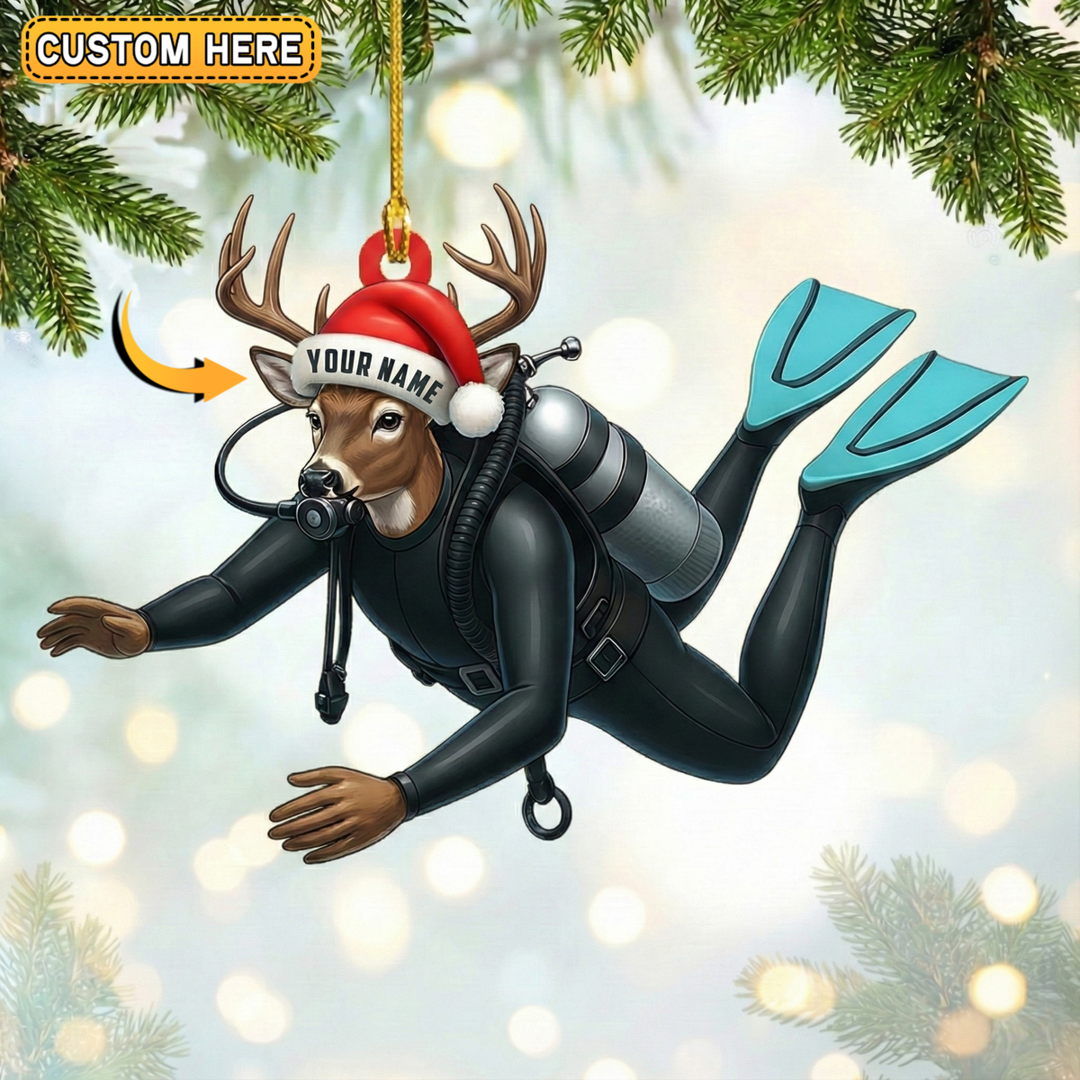 Blisscorners Personalized Scuba Diving Deer Hunting Acrylic Christmas Ornament And Keychain Custom Gift For Hunters 2D Flat