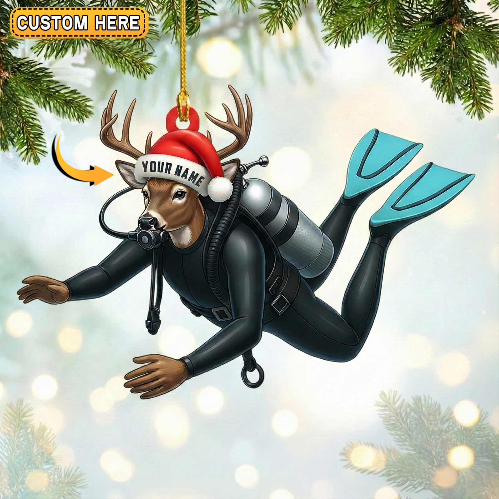 Blisscorners Personalized Scuba Diving Deer Hunting Acrylic Christmas Ornament And Keychain Custom Gift For Hunters 2D Flat