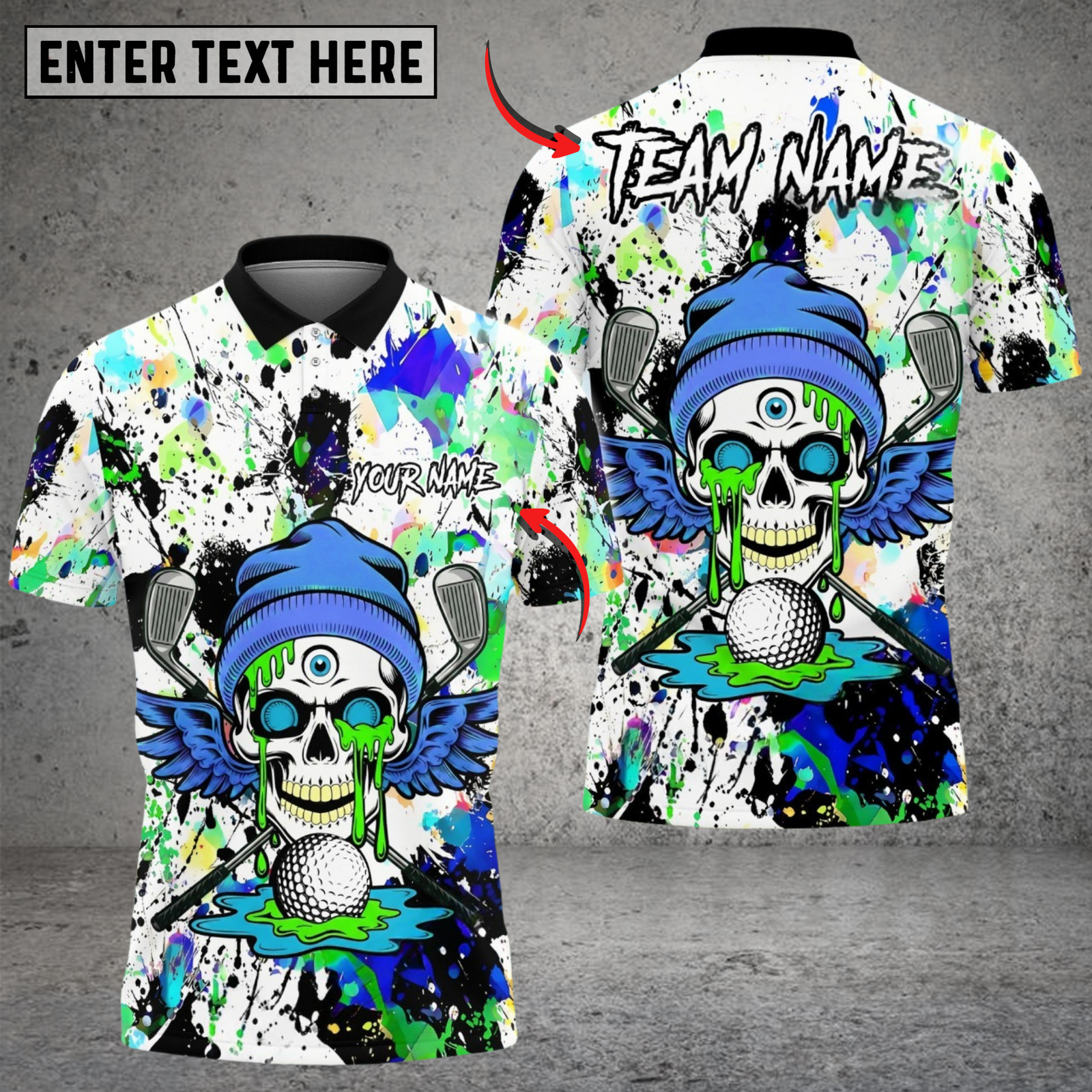 Blisscorners Graffiti Skull Golf Polo Customized Name, Team Name 3D Shirts (4 Colors)