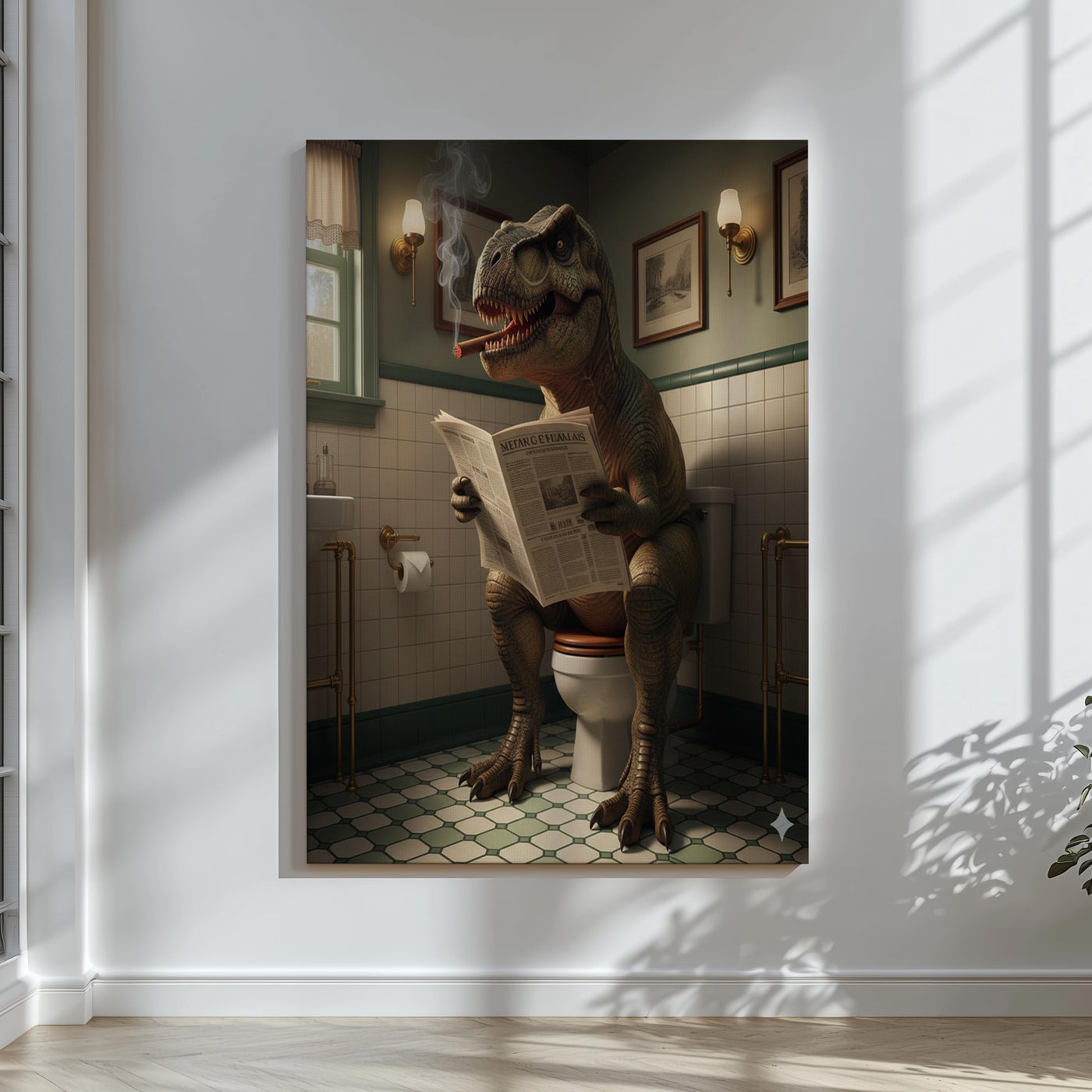 Blisscorners Funny Bathroom Wall Art Canvas – T-Rex Reading Newspaper Smoking Cigar Print for Man Cave Decor & Gag Gift for Men LM2611