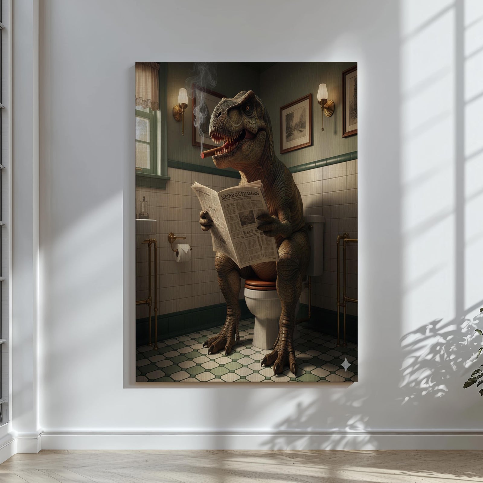 Blisscorners Funny Bathroom Wall Art Canvas – T-Rex Reading Newspaper Smoking Cigar Print for Man Cave Decor & Gag Gift for Men LM2611
