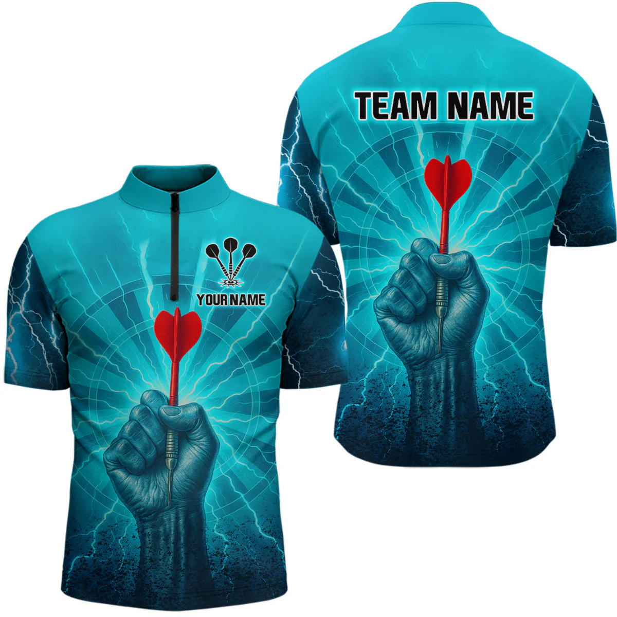 Blisscorners Men’s Custom Darts Shirt - Turquoise Lightning Fist With Maroon Dart Arrow LM2404