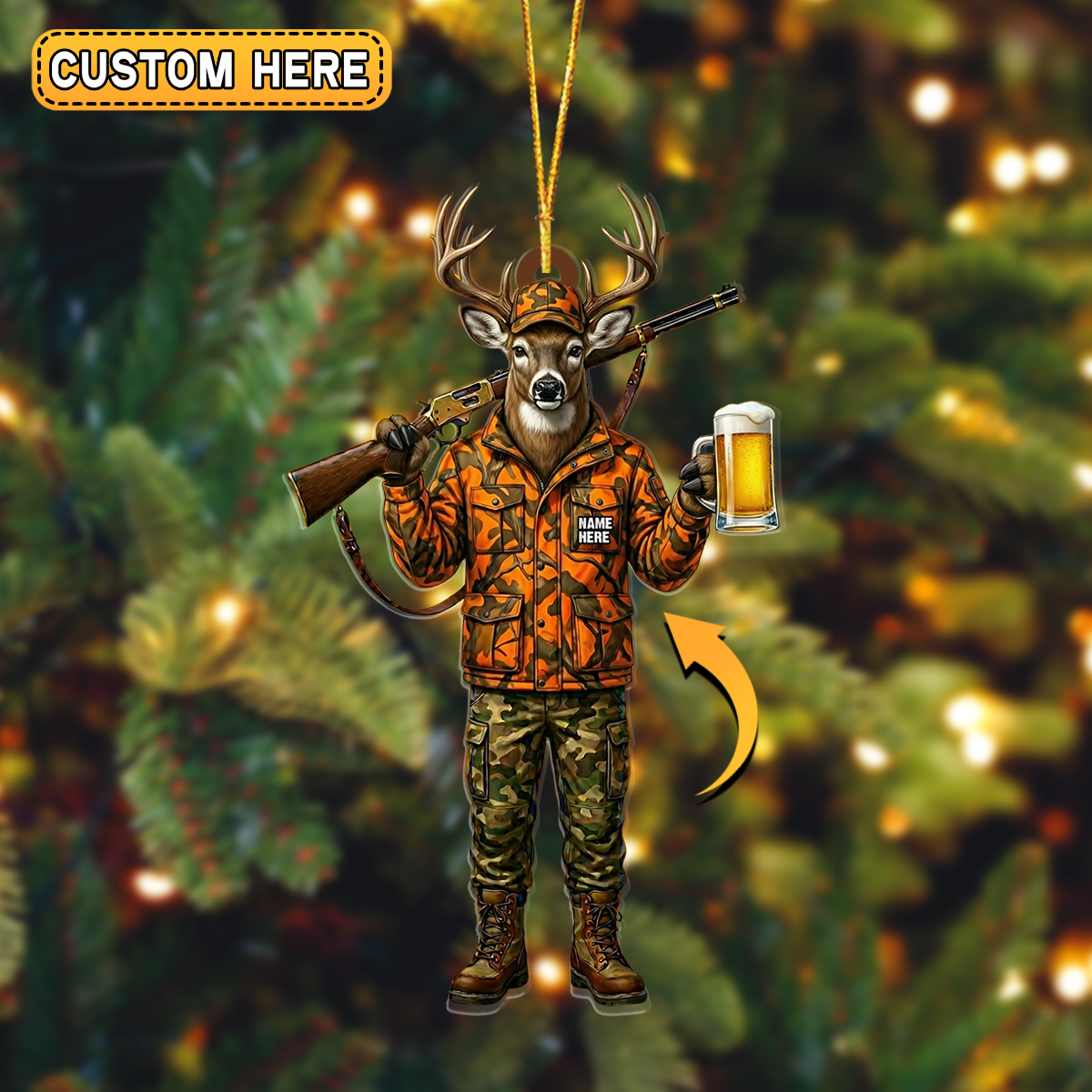 Blisscorners Personalized Deer Hunter Beer Mug Hunting Acrylic Christmas Ornament And Keychain Custom Gift For Hunters 2D Flat