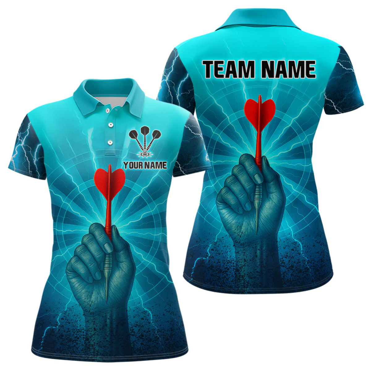 Blisscorners Men’s Custom Darts Shirt - Turquoise Lightning Fist With Maroon Dart Arrow LM2404