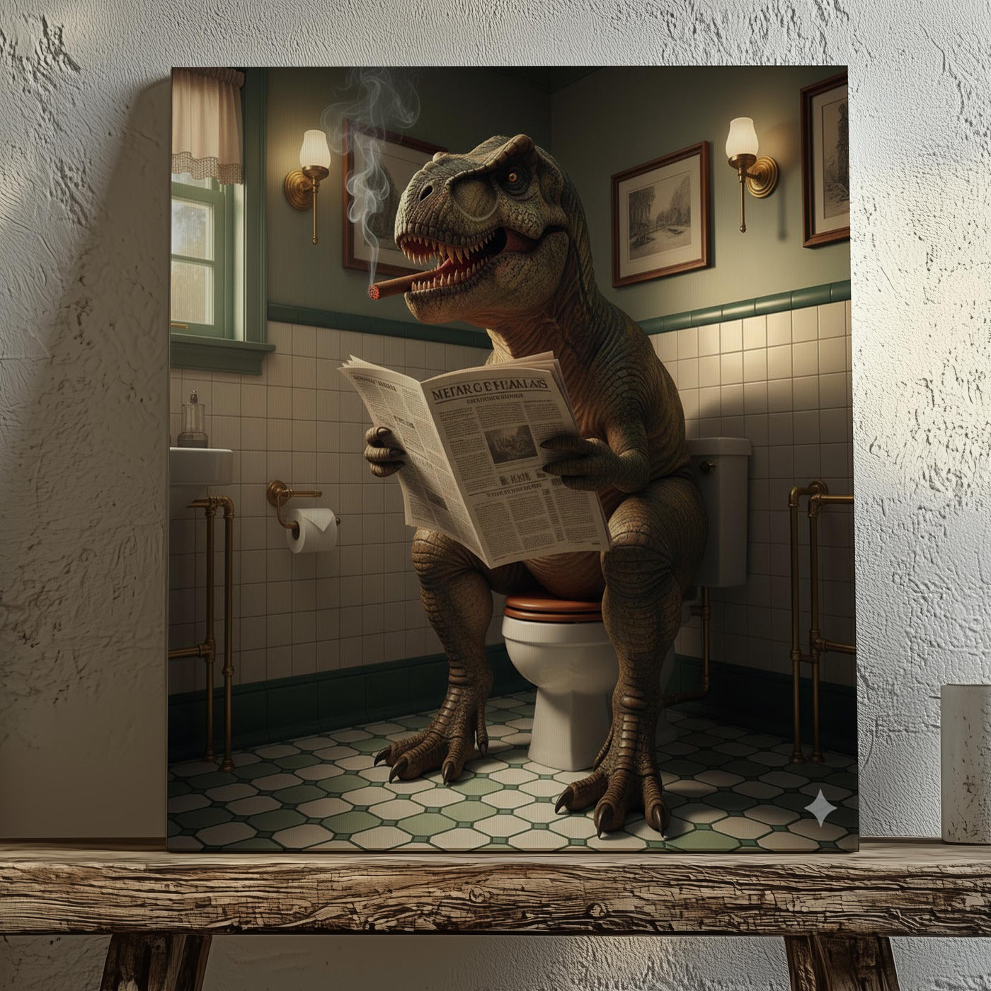 Blisscorners Funny Bathroom Wall Art Canvas – T-Rex Reading Newspaper Smoking Cigar Print for Man Cave Decor & Gag Gift for Men LM2611