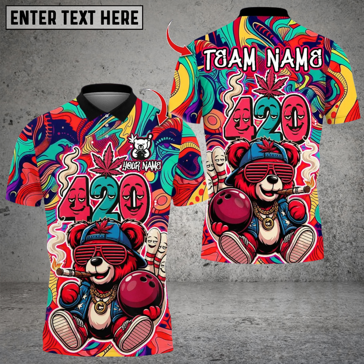 Blisscorners Bowling 420 Hiphop Bear Smoke Multicolor Customized Name Team Name 3D Shirts