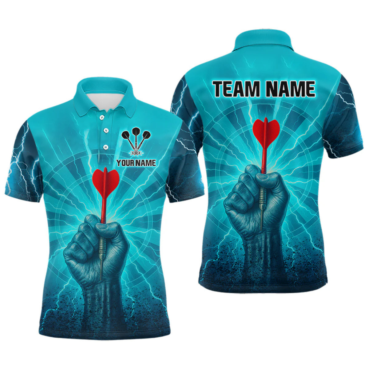 Blisscorners Men’s Custom Darts Shirt - Turquoise Lightning Fist With Maroon Dart Arrow LM2404