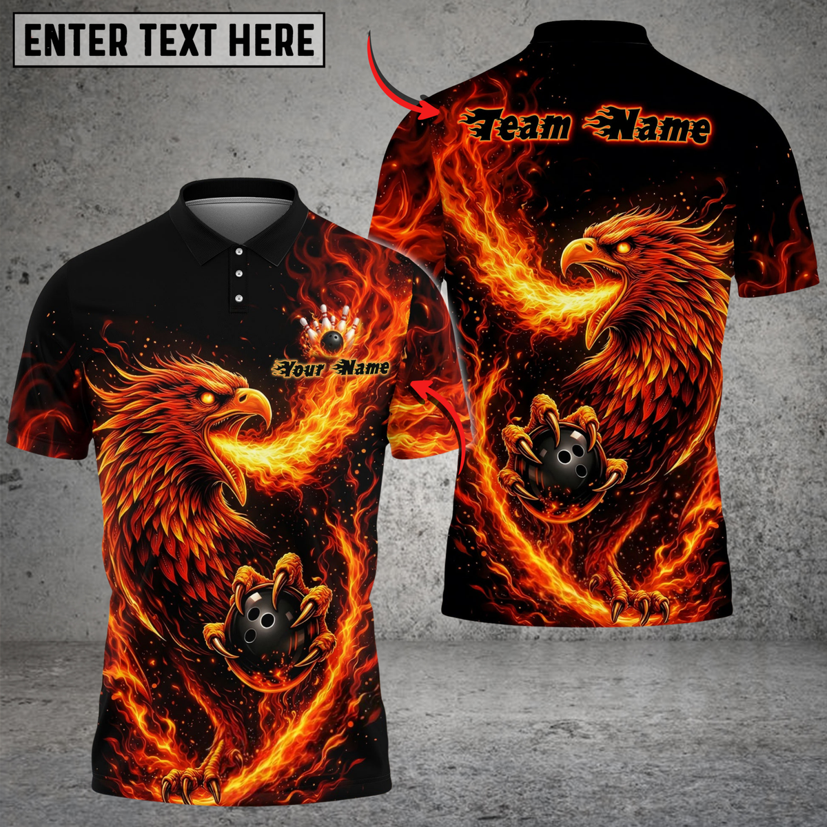Blisscorners Bowling &amp; Pins Flame Rising Phoenix Customized Name, Team Name 3D Shirt (4 Colors)
