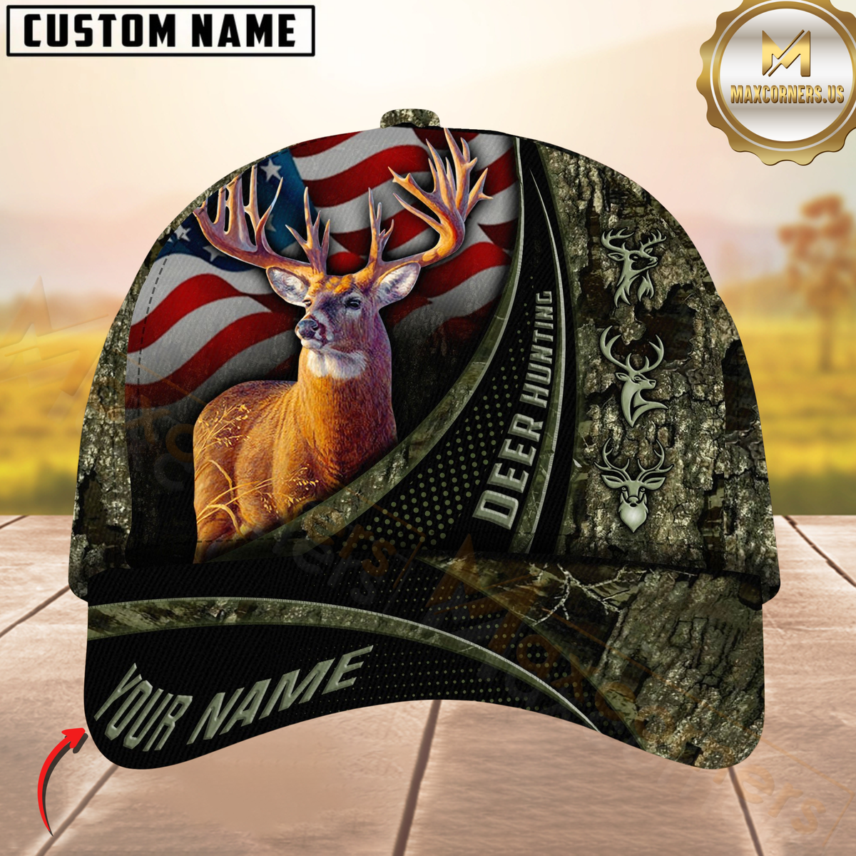 Blisscorners Hunting Deer USA Falg Camouflage Multicolor Personalized Name 3D Cap