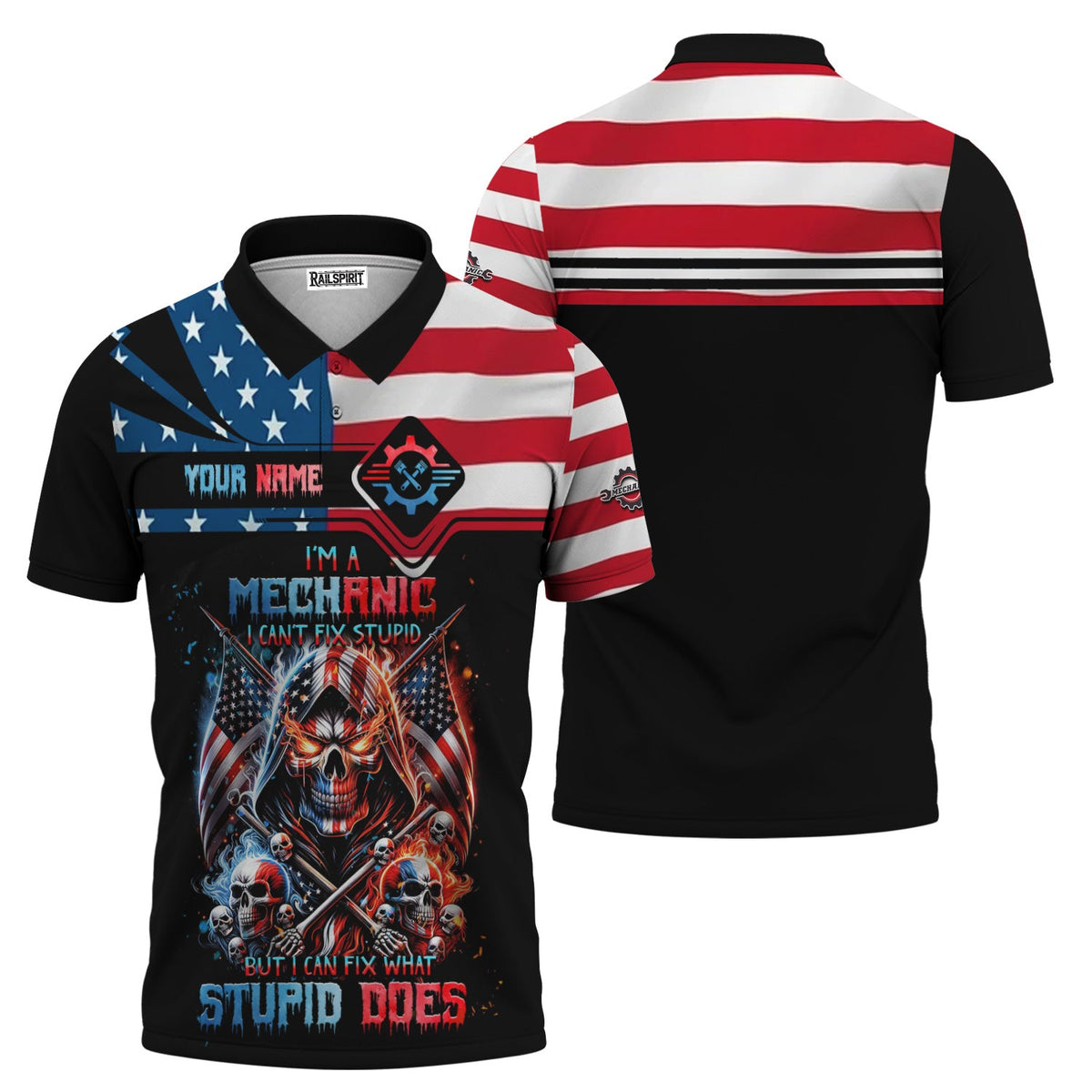 Blisscorners Custom Mechanic Shirt, Fix Stupid Design, Personalized Name, American Flag Skull Graphic, Funny Mechanic T-shirt for Men & Women