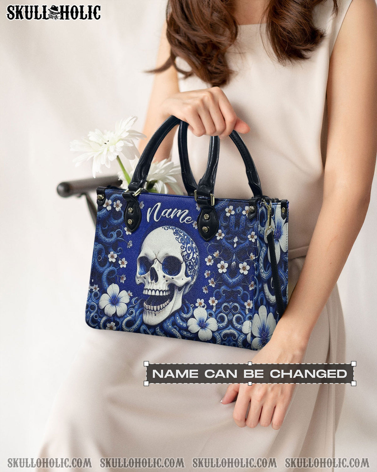 BLISSCORNERS SKULL FLOWERS LEATHER HANDBAG