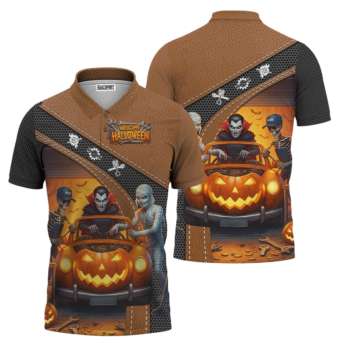 Blisscorners Halloween Mechanic T Shirt Funny Vampire Skeleton Mummy Pumpkin Car Spooky Auto Repair Garage Workwear Tee Gift For Men Women Halloween