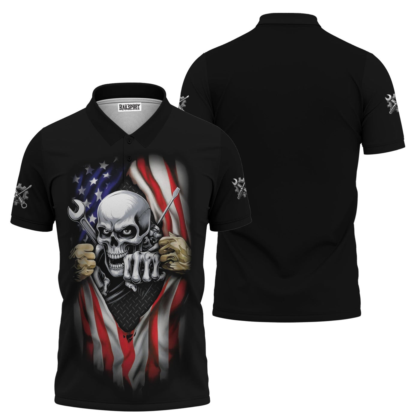 Blisscorners Skull Wrench T-Shirt, American Flag Design, Mechanic, Worker Gift, Unique Skull Graphic Tee for Men, Customizable Apparel, Cool Work Shirt