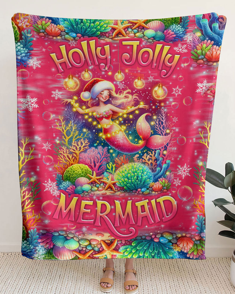 BLISSCORNERS HOLLY JOLLY MERMAID CHRISTMAS WOVEN AND FLEECE BLANKET
