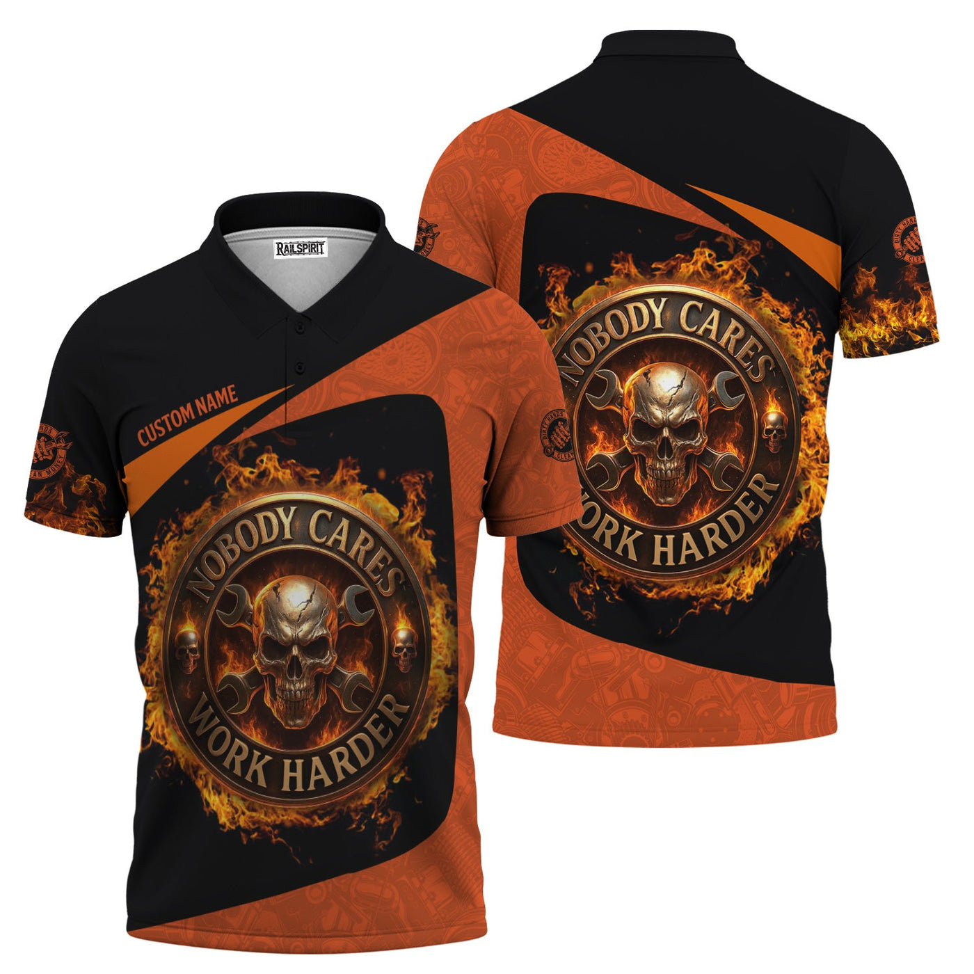 Blisscorners Personalized Mechanic Shirt, Nobody Cares Work Harder, Flame Skull Design, Gift For Men