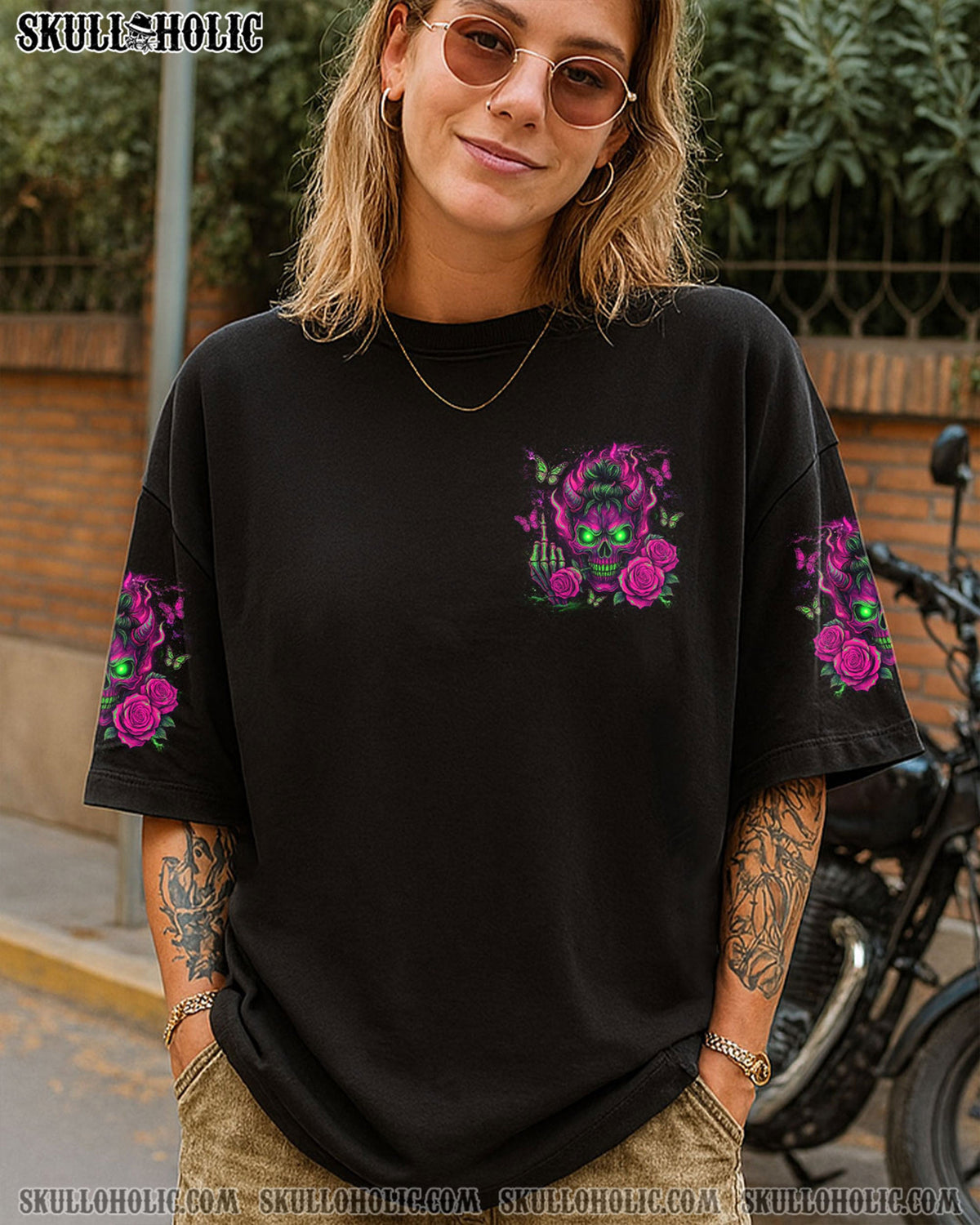 BLISSCORNERS KARMA IS A GOOD JUDGE SKULL MESSY BUN  ALL OVER PRINT